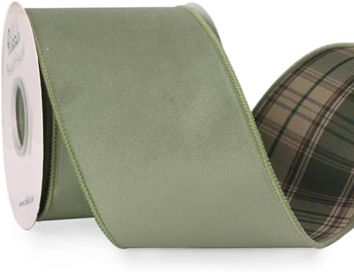 Ribbli Sage Green Velvet Wired Ribbon with Plaid Reversible 4 Inch Christmas Ribbon for Gift Wrapping Christmas Tree Decoration Crafts Wreaths Supplies-Continuous 10 Yards