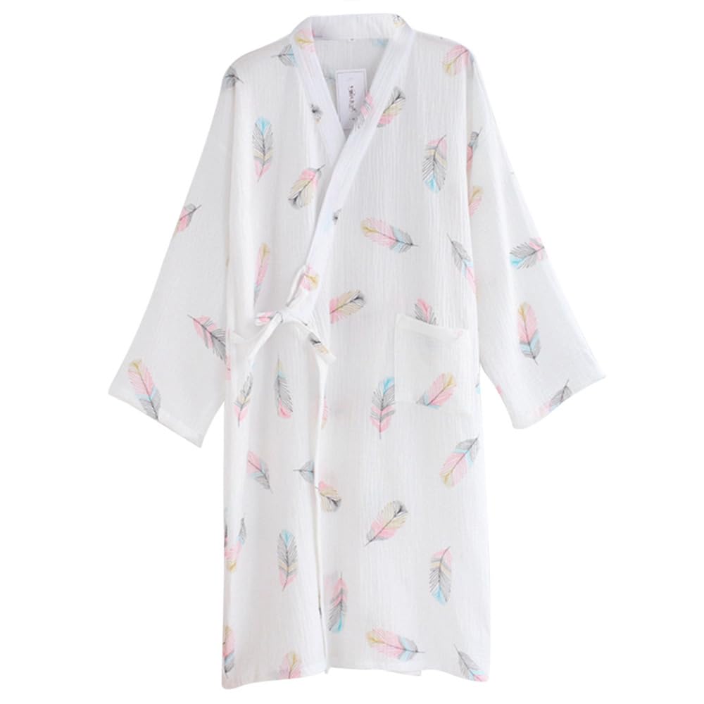 100% Cotton Bathrobe Women's Nightgown Yukata Pajamas Post-Bath Robe Roomwear Sleepwear Kimono Japanese Style Nightwear Cute Floral Pattern Large white
