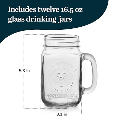 Libbey County Fair Glass Drinking Jars, 16.5oz, Set of 12