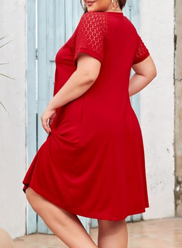 Eytino Womens Plus Size Dress Lace Short Sleeve Crewneck Casual Pleated Swing Midi Dresses with Pockets(1X-5X)2