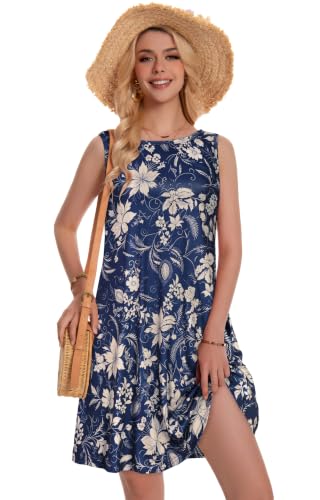 Image of elescat Summer Dresses for Women Boho Sleeveless Pocket Tshirt Sundresses | Two Hidden Pockets, Solid or Floral, Casual Flowy A Line, Loose Beach Cover Up, 2026 Fashion Vintage Outfits, Vacation Crusie