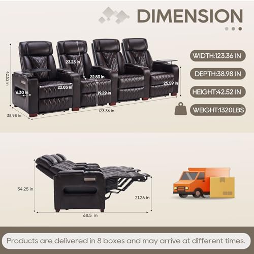 Image of Luxury Home Theater Seating - Power Recliner with Adjustable Headrests, Blue LED Ambient Lighting, Tray Table, USB & Type-C Charging (Dark Brown,4 Seat)
