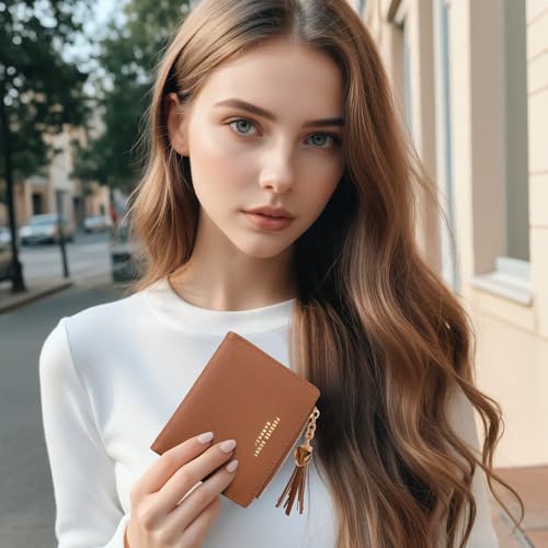 Image of KOTORA Womens Small Wallet Girls Tiny Slim Wallets Pretty Mini Card Holder Thin Short Zip Coin Purse with Love Pendant and Tassels (Brown)