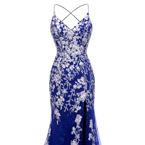 Image of Long Spaghetti Straps Tulle Mermiad Prom Dress V Neck Lace Appliques Formal Dress with Slit SF203