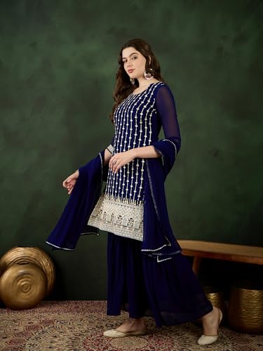 Image of SheWill Kurta Set for Women - Maroon Velvet Zari Sequence Cording Embroidered Kurta with Pant and Cutwork Organza Dupatta