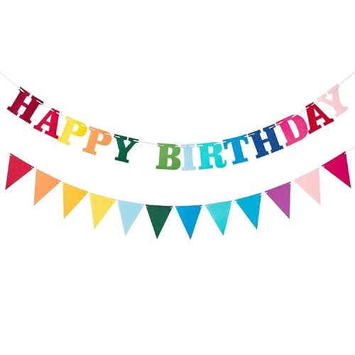Happy Birthday Felt Fabric Rainbow Garland, Pre-Strung, for Children's Birthday Party Decoration (Felt Happy Birthday with Triangular Banner)