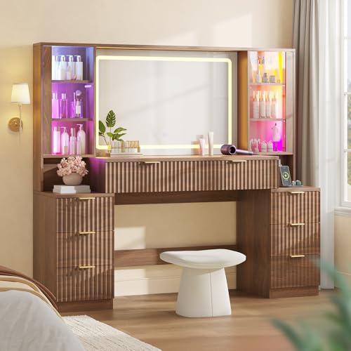 Image of Big Vanity Desk, Fluted Makeup Vanity with Mirror Lights, Walnut Vanities