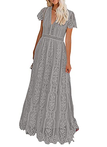 BLENCOT Womens Casual Floral Lace Deep V Neck Short Sleeve Long Evening Dress Cocktail Party Maxi Wedding Dresses Bohemian Flowy Boho Dress Grey X-Large