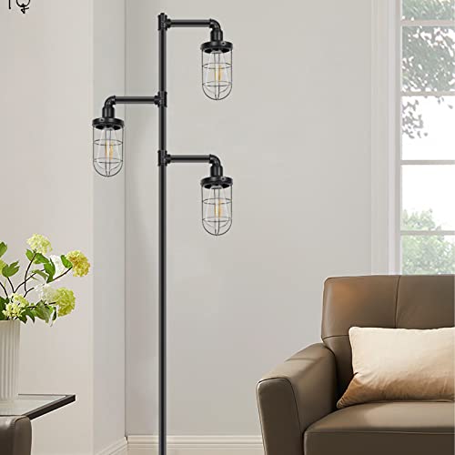 Conca Steampunk Three Head Floor Lamp, Tree Industrial Floor Lamp, Rustic Edison Bulb, Cage Shade Floor Lamp (Black) #TOP6