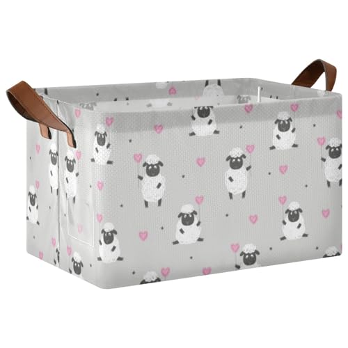 Seamless Cute Black White Sheep with Pink Hearts on Grey 1PC Rectangle Foldable Frame Basket Leather Handles Storage Bin for Laundry Bathroom Organizer M 16.9 x 11.4 x 10 inch