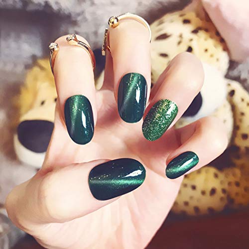 Fdesigner Cat Eye Fake Nail Art Accessories Gradient False Nail Tips Acrylic Nail Glossy Regular Press on Nails Oval Artificial Nail Decoration for Women and Girls (Green)