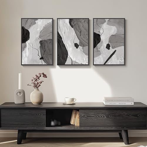 Framed Black and White Modern Abstract Wall Art, 3 Piece Canvas Prints Paintings Artwork for Walls, Minimalist Black White Grey Pictures for Living Room Dining Room Bedroom Office Wall Decor 16x24 In