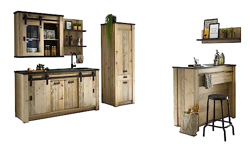 Furn.Design Küchenzeile mit Küchentheke Used Wood hell Holz und anthrazit/grau Küchenschrank komplett Set 6 teilig Kücheneinrichtung Landhaus mit Scheunentorbeschlag (Set1 6 teilig ohne Beleuchtung)