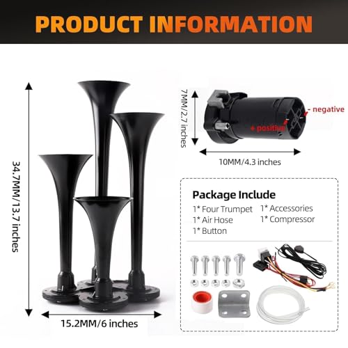 Cenzhiwen Train Horn for truck Kit-4 Trumpet Metal Air Horns replacement Dill horn 12V 150dB Ultra Loud with Compressor for pickup/motorhome/SUV/truck/train and other vehicles(4 speakers with button) - Thumbnail 6