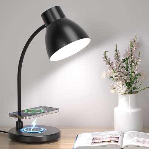 Vicsoon Desk Lamp with Wireless Charger, LED Desk Lamps for Home Office, 800 Lumens, Small Desk Lamp with Pen Holder, Flexible Arm, 3 Modes, Dimming, Touch Lamp for College Dorm Room