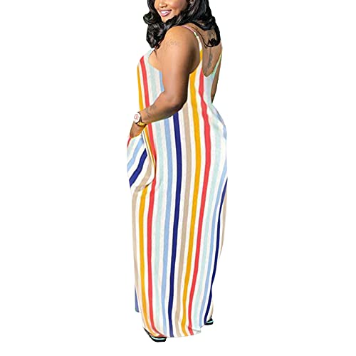 Image of BFFBABY Womens Summer Suspender Maxi Dress Plus Size Striped Printed Sleeveless with Pockets and Belt
