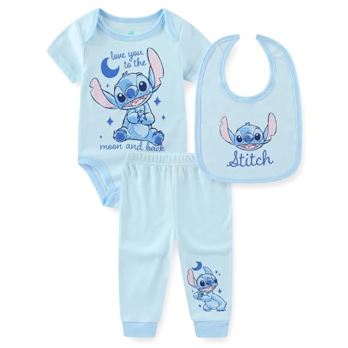 Disney Mickey Minnie Mouse Winnie the Pooh Stitch Baby Boys Girls Bodysuit with Bib and Pants 3 Piece Set for Newborn Infants