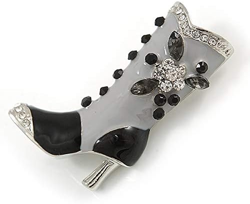 Stylish Grey/Black Enamel Crystal Boot Brooch In Rhodium Plated Alloy - 38mm Tall, black, grey, silver - Image 5