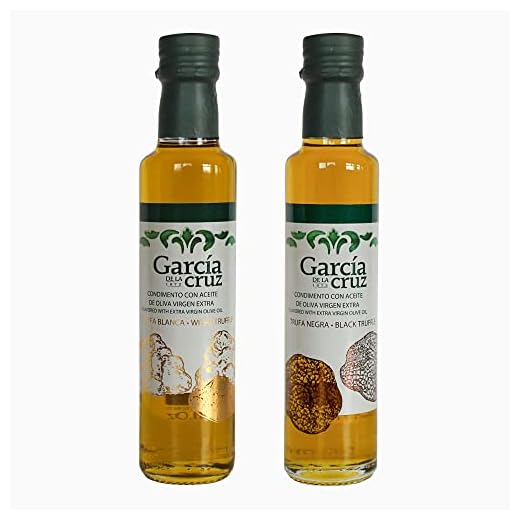 García de la Cruz - Pack de Regalo de Aceite de Oliva Virgen Extra Ecológico Aromatizado, Trufa Blanca y Trufa Negra, Pack de 2 x 250 ml Botellas de Vidrio