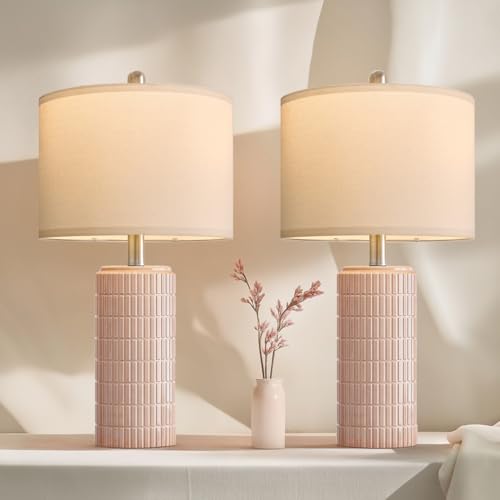 Image of PoKat 23 inch Pink Ceramic Table Lamps Set of 2, Modern Bedroom Lamps for Girls Room, Bedside Lamps for Night Stands, Cute Lamps for Living Room Decor, Nightstands Desk Lamp, Pink