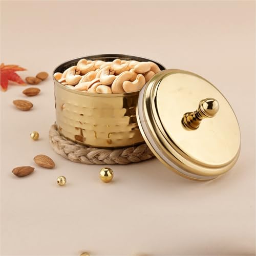 Image of PDDFALCON Stainless Steel Uphaar Hammered Container - BIS Certified, Jindal Seal, Made in India | Premium Finish Airtight Gift Box - Gold (350ml)