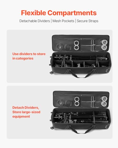 Image of VEVOR Studio Equipment Trolley Case, 46.46 x 14.57 x 11.81 in / 118 x 37 x 30 cm, Rolling Camera Bag, Carrying Bag with Wheels Straps Padded Compartment Handle, for Light Stands, Tripods, Telescopes