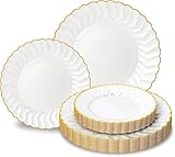 Lullaby 60PCS Pearl White Scalloped Plastic Plates with Gold Rim, Disposable Elegant Plates Include 30pcs Dinner Plate 10.25