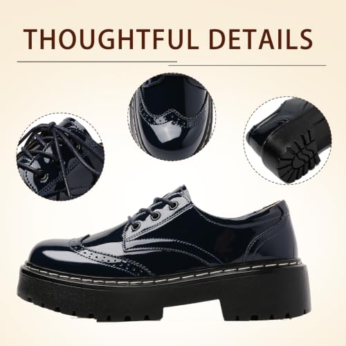 Image of Womens Oxford Shoes Black Leather Platform Oxford Shoes for Women Brogue