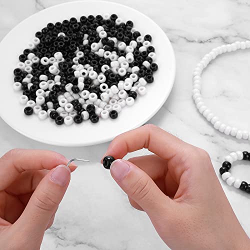 Prasacco 1000 Pieces Black and White Hair Beads for Braids - 6 x 9mm Plastic Opaque Kids Barrel Pony Beads for Craft Bracelets Jewelry Making