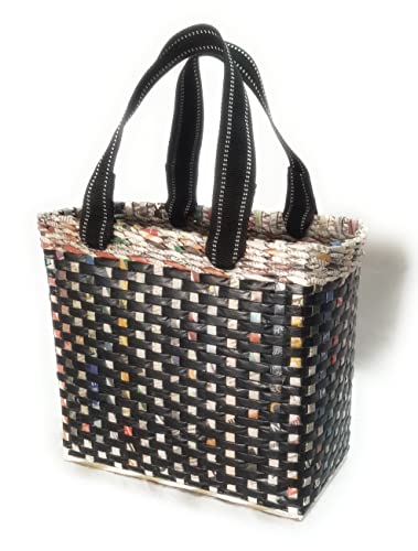 Image of Paperus, Medium, Black Check, Lunch Bag, Tiffin Basket for Office, Handbag, Carry Bag, Travel Bag, Eco-Friendly, Handmade, of Paper Ropes, in Inches 11 Height, 12 Length & 6 Wide Base