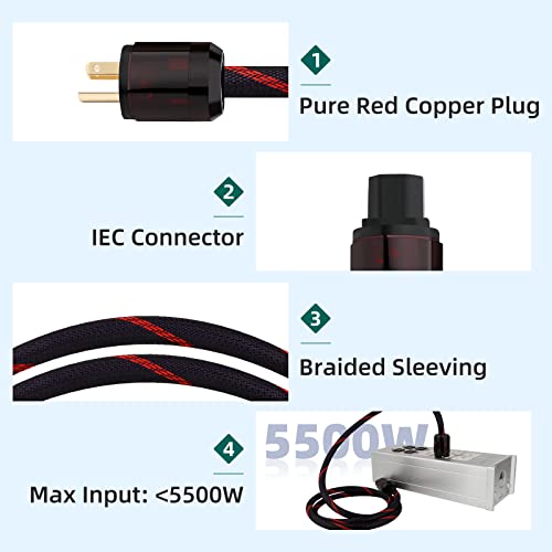Monosaudio 12Awg Hifi Audio Ac Power Cable,High Purity Ofc Audiophile Power Cord With 3 Prond Red Pure Copper Plug Iec Connector,Braided Power Cable For Speaker,Sub,Turntable,Amp,Dac（3.3Ft/1M） #TOP5