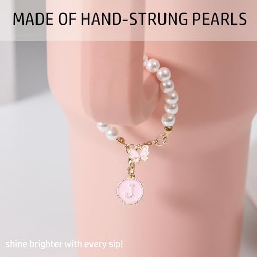 Image of Accessories for Stanley Cup Pearl Chain Initial Accessoriess for Handle Stuff Decor Water Bottle Jewelry Tumbler Cute Simple Modern Personalized Name ID Decorations Letter Pink Tag J