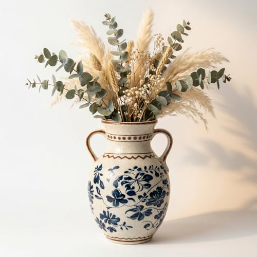 EFISPSS Ceramic Vintage Vase,Spring Decor Unique Chinese Crackle Floral Handle