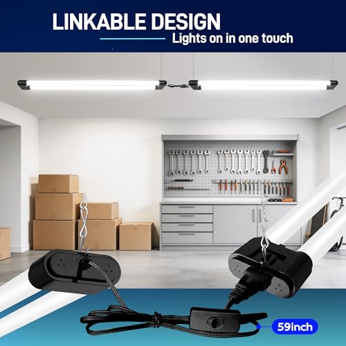 Image of hykolity 4FT 60W LED Shop Light,6500LM[450W Equivalent] 5000K Daylight | Plug-in Utility Linkable Shop Lights for Garage Workshop Warehouse Basement, Ceiling Hanging or Surface,Black,4 Pack