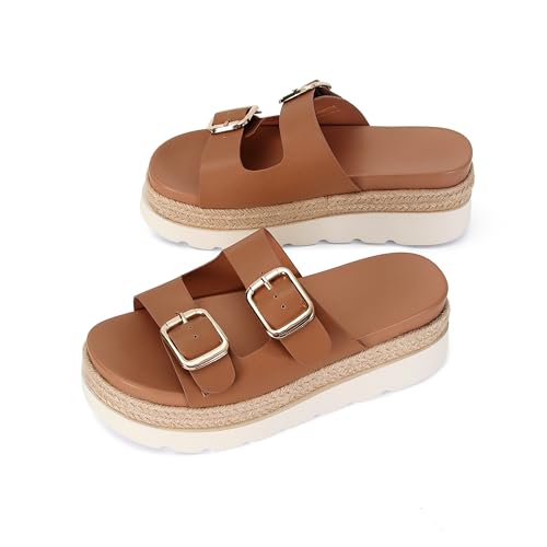 Image of DOEYG Platform Sandals for Women Summer Beach Raffia Slide Sandals Comfortable Casual Woven Straw Sandal with Buckle