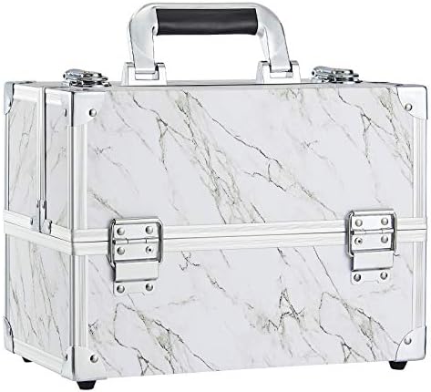 Frenessa Makeup Train Case Marble Leather Cosmetic Organizer Case 12 Inch Large Makeup Box 6 Trays Makeup Storage Organizer for Makeup Artist, Nail Tech Students, Craft Tools Travel Makeup Case Marble