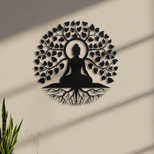 Image of Herrlich Homes Tree of Life Buddha Metal Wall Art |Meditation Yoga Altar Buda Indoor Zen Home Decor |Outdoor Garden Patio Hanging | 60CM X 60CM | L | Black
