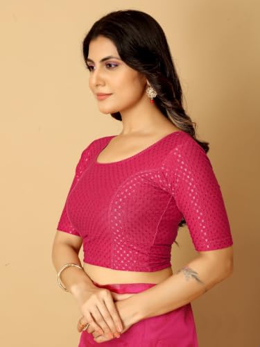 Image of Amazon Brand - Anarva Round Neck Dobby Cotton Lycra Stretchable Elbow Half Sleeve Readymade Saree Blouse for Women Stylish