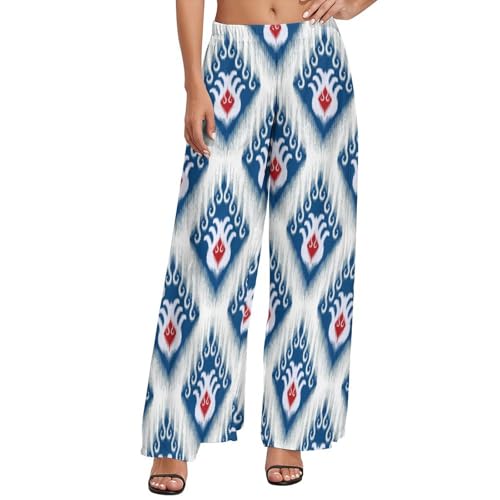Womens Wide Leg Pants Blue and Red Ethnic Ikat Dressy High Waist Trousers Casual Loose Flowy Palazzo Pants