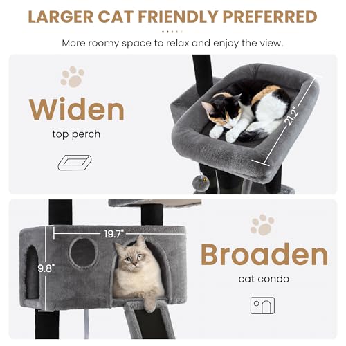 Image of SHA CERLIN 65in Larger Cat Tree Tower Condo for Indoor Kitties /Multi-Level Furniture Activity Center with Wide Base /Cozy Plush Perches /Baskets /Sisal Scratching Posts and Hammock /Black & Grey