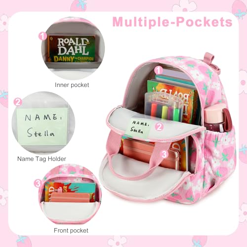 Image of Bluboon Toddler Backpack for Girls Boys 2-4 Cute 12 inch Preschool Kindergarten Backpacks Kids Daycare Bags School Travel (Pink Strawberry Flower - Pink, Age 2-4 (12 inch H not Fit A4 Folder))