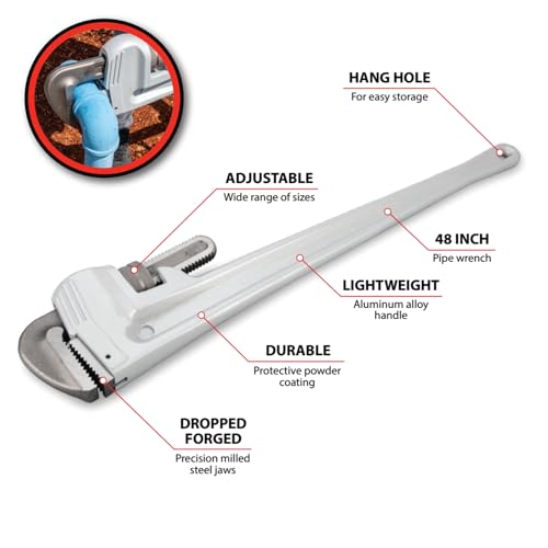 Image of Performance Tool W2148 48 in. Heavy-Duty Aluminum Pipe Wrench | Large plumbing wrench. Precision milled, drop forged steel jaws. Strong and lightweight handle