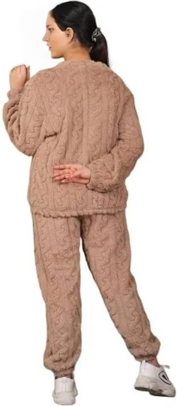 Image of Women's Fur Long Sleeve Nightsuit | Regular Fit Warm Top and Pyjama Set | Winter Wear Sweatpant Set for Women