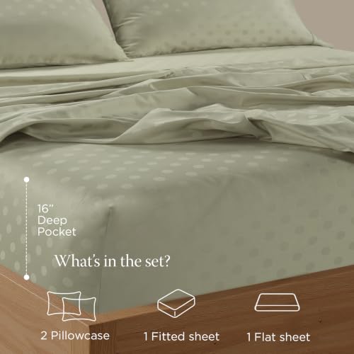 Image of Threadmill 300TC Cotton Full Sheet Set, Sateen, Jacquard, Sage Green | 100% Cotton, Sateen Weave, Jacquard Pattern, 4-Piece Set, 16 inch Deep Pocket, Cooling, OEKO-TEX Certified, Machine Washable
