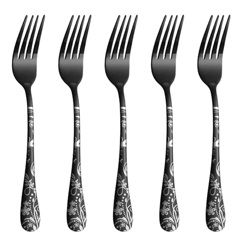 Image of 8.1 inch Charcoal Black Dinner Forks with Floral Printed Handle | 5-Piece Premium Stainless Steel Flatware Set | Elegant Dishwasher-Safe Cutlery for Home, Restaurants, and Gift Giving