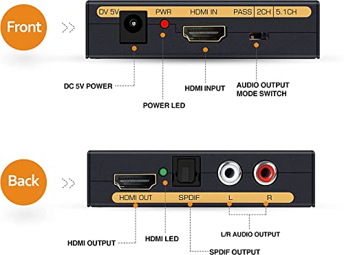 Image of HDMI Audio Extractor Converter, 4K HDMI to HDMI + SPDIF(Optical /Toslink) + RCA(L /R) Stereo Analog Outputs Video Audio Converter for Ruku,Chromecast,Blu-ray Player,Cable Box,Fire TV,Aple TV,etc