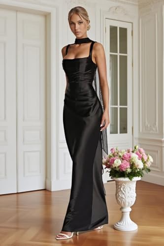 Satin Bridesmaid Dresses for Women Square Neck Pleats Long Formal Prom Dress Wedding Guest Gown with Scarf2