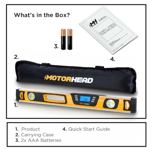 Image of MOTORHEAD 24-Inch 0-180 Smart Digital Level, LCD Screen, Magnetic Bottom | Audible Alerts, Water Dust & Shock Resistant, High-Visibility, Solid-Milled Aluminum, Carrying Bag, Carpentry Masonry Framing