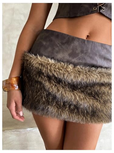 MakeMeChic Women's PU Leather Fuzzy Mini Skirt Low Waisted Faux Fur Bodycon Y2K Skirts4