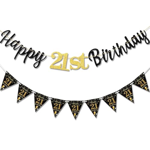 Mailfull Decoracion 21 Cumpleaños Hombre Mujer Oro Negro Feliz Cumpleaños Decoracion Pancarta Triángulo para Chicos Chicas Fiesta